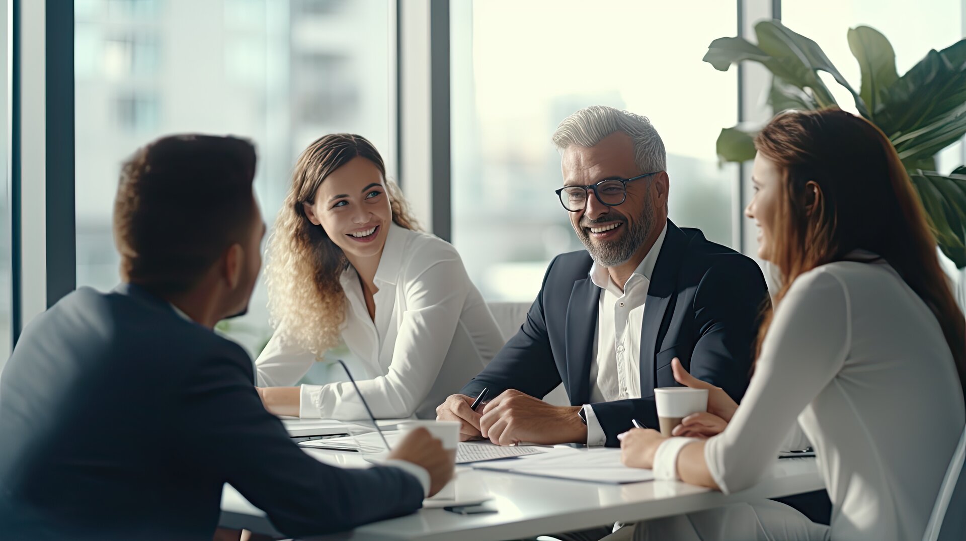 grupo de profesionales sonriendo durante una reunión de trabajo en una oficina luminosa
